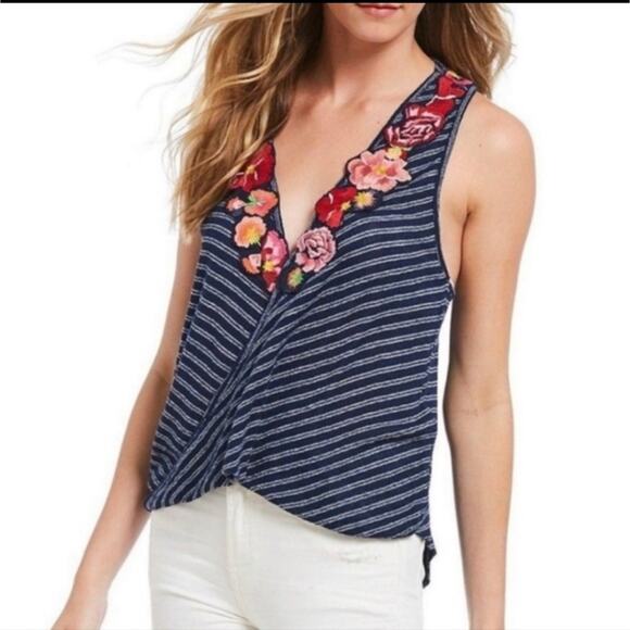 Free People Floral Embroidered Stripe Faux Wrap Tank Top V Neck Blue Boho XS - Picture 1 of 16